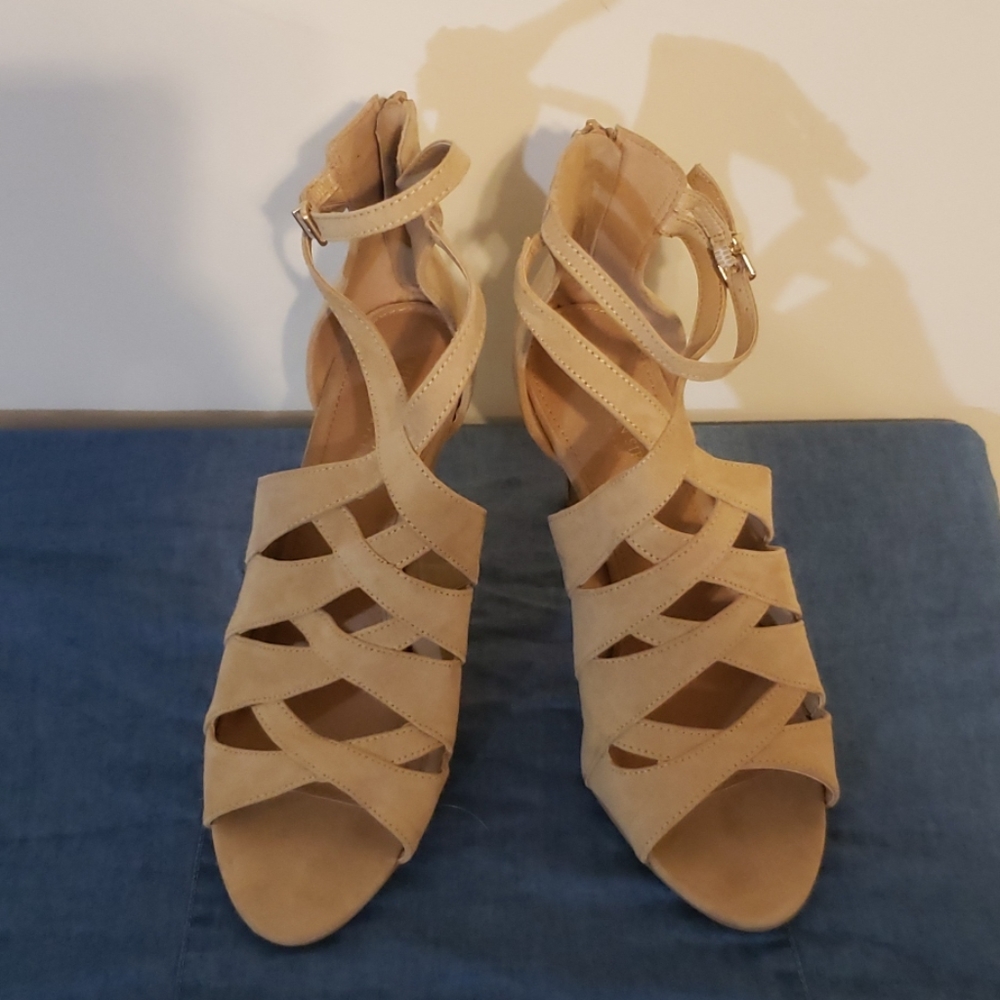 Nude Suede Cage Heels (sz 11)